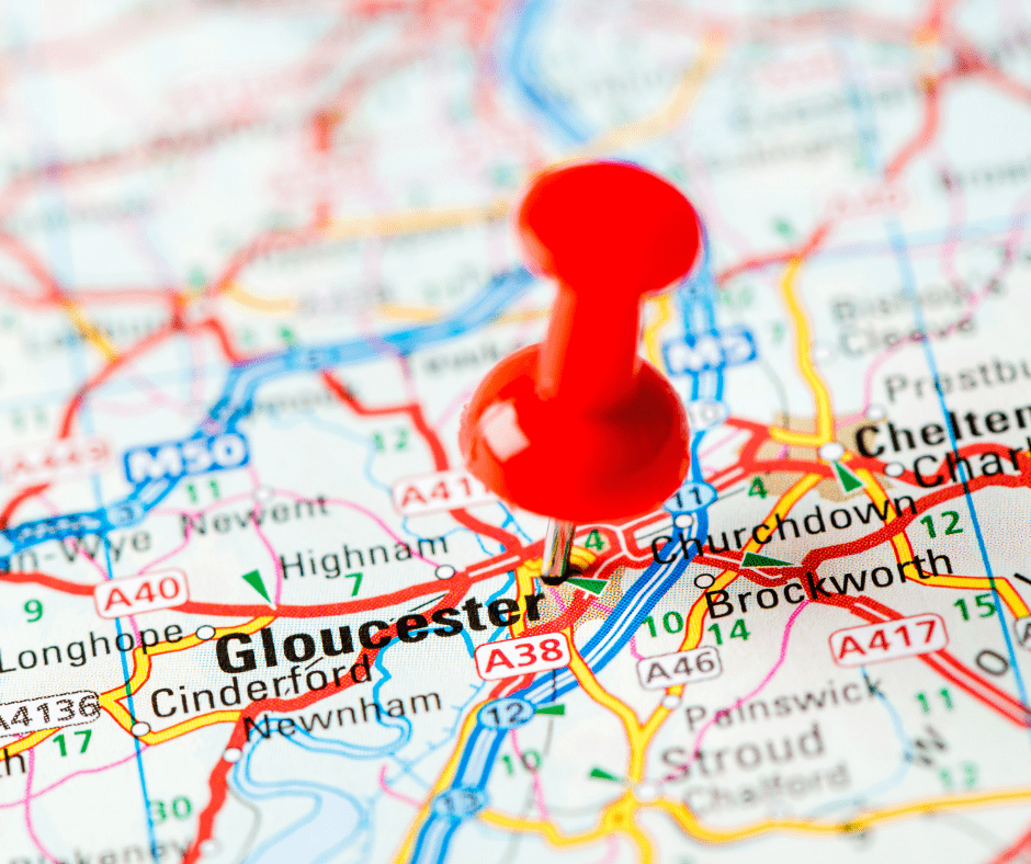 A red pin is pinned on a map of Gloucester using Elementor.