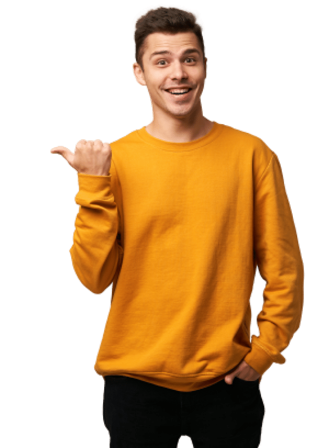 A man in an orange sweatshirt pointing his finger.